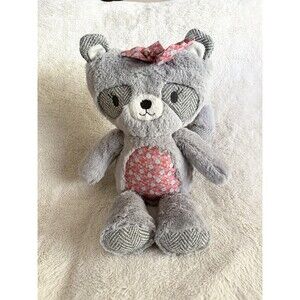 Levtex Baby Raccoon Grey Pink Floral Plush With Bow 17” Stuffed Animal Nursery